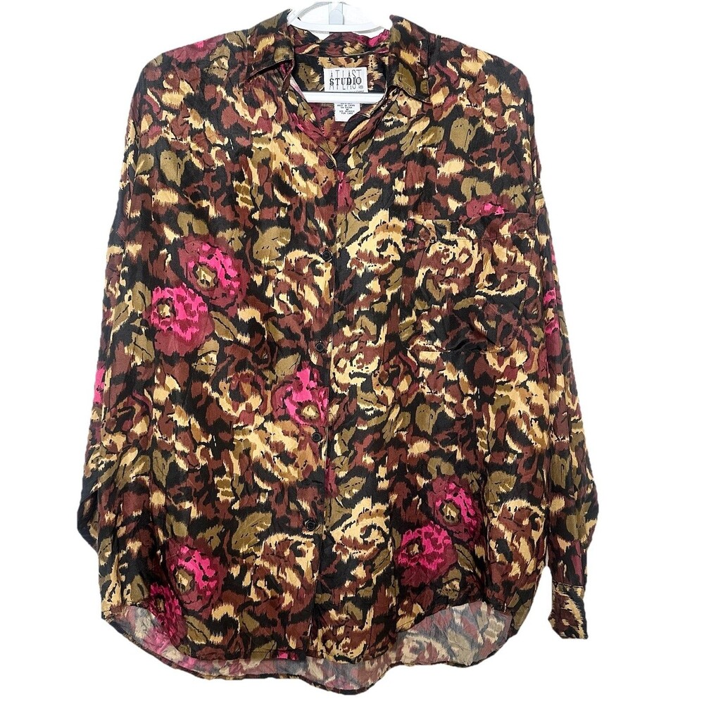 Vintage 90s 100% Silk Blouse Abstract Print Button Up Oversized Medium